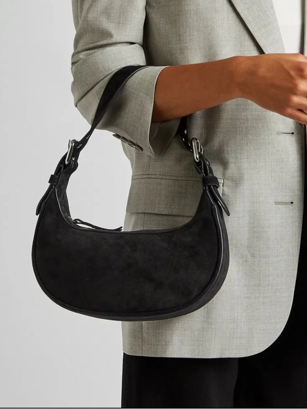 BY FAR Soho Black Suede Shoulder Bag with Studded Strap